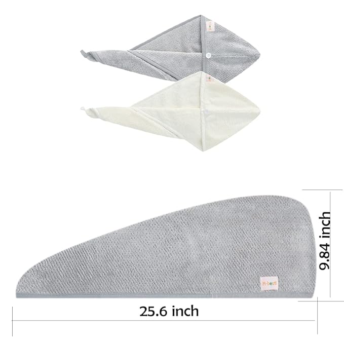 M-bestl 2 Pack Hair Towel Wrap,Absobent Hair Drying Towel with Buttons, Microfiber Hair Towel Wrap to Dry Hair Quickly (Beige&Gray)