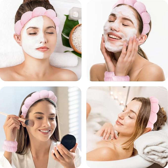 Spa Headbands for Washing Face Wristband Set Sponge Makeup Skincare Headband Wrist Towels Bubble Soft Terry Towel Cloth Hairband for Women Puffy Headwear Non Slip Thick Thin Hair Headwear (Light pink)