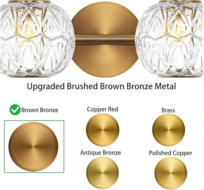 Brushed Antique Brass Bathroom Vanity Light Fixture Vintage Style - 2 Light G9 Bulb Compatible, 17" Wide Bathroom Lighting Over Mirror with Hand-Etched Glass Shades, Easy Mount for Makeup Area