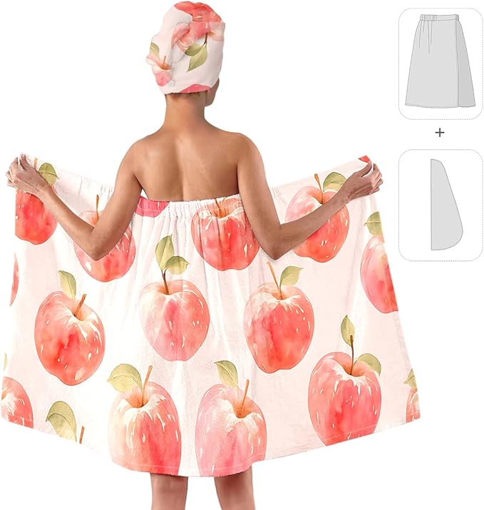 QIULIBMH Women’s Apple Print Bath Wrap and Hair Towel Set, Soft Absorbent Microfiber Quick-Dry Shower Body Skirt with Elastic Closure, Lightweight Spa Towel for Home, Gym & Travel (Apple 1)