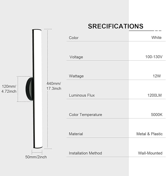 OOWOLF 2 Pack Bathroom Vanity Light, Adjustable Brightness 12W 17.3inch Bathroom Light Fixtures,1200LM Led Vanity Bar, 5000K Natural White, Wall Lamp for Mirror Living Room, Hallway, Cabinet Porch