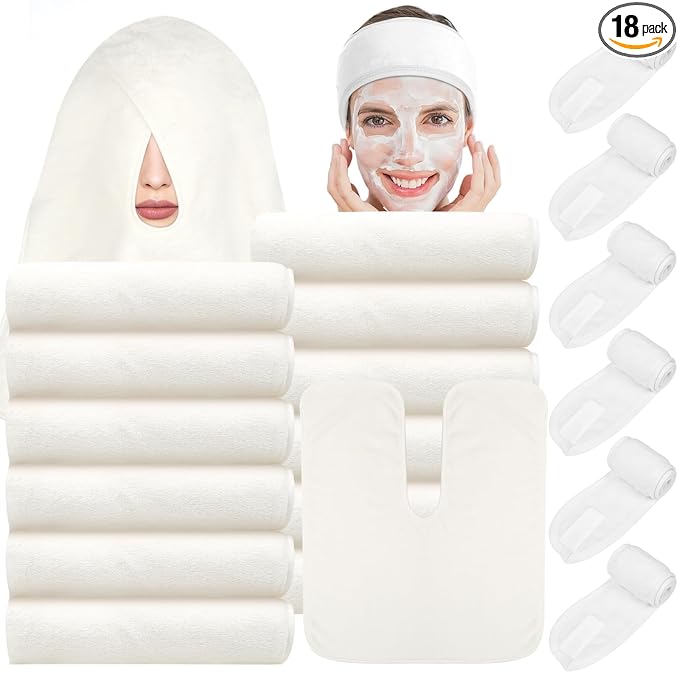 18PCS U-Shaped Microfiber Facial Towels for Estheticians,Ultra-Soft & Absorbent Spa Towels and Facial Spa Headband for Massage, Facial Steam & Skincare (White)