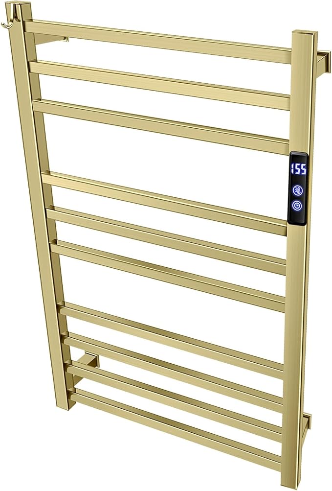 XBVV Towel Warmer Rack for Bathroom with Timer/Fahrenheit Temperature Control Wall Mounted Electric Heated 10 Bar Rail Plug-in or Hardwired Keep Bath Shower Towel Warming (Brushed Gold)