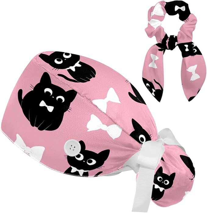 Scrub Caps Women Ponytail Cute Pink and White Leaves Caps Bouffant Working Hat Elastic Tie Back Hats with Button