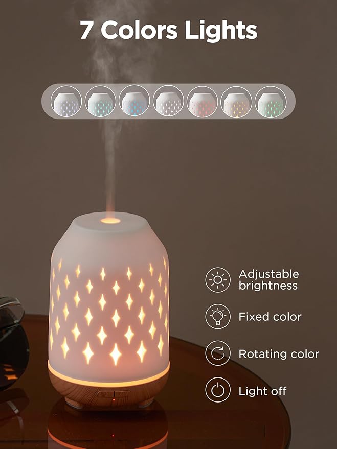 InnoGear Aromatherapy Diffuser, 150ml Ceramic Diffuser Mother's Gift Ultrasonic Humidifier Cool Mist Essential Oil Diffusers for Home Air Diffuser with 2 Mist Modes Waterless Auto Off, White