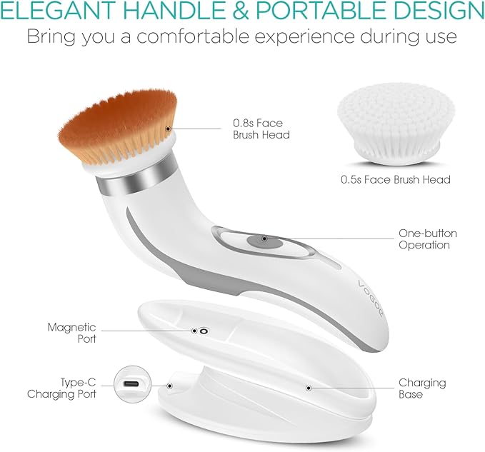 VOGOE Facial Cleansing Brush-Spin Face Scrubber Exfoliator Rechargeable, 2-Speed Rotation, Electric Face Wash Brushes for Cleansing and Exfoliating, with 2 Brush Heads, Grey
