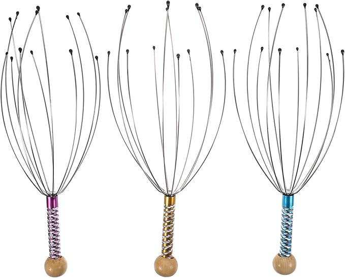 rosenice Scalp Massager Hand Held Therapeutic Head Scratcher Steel Wire Head Massager with Wooden Handle for Home Spa Relief and Relaxation (3 Packs)