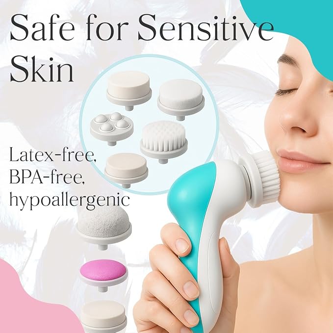 Facial Cleansing Brush Face Scrubber, 7-in-1 Electric Spin Cleanser Brushes with 6 Brush Heads for Deep Cleansing, Gentle Exfoliating, Removing Blackheads, Massaging (White & Aqua Blue)