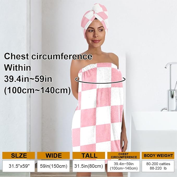 Checkered Bath Wrap Set with Hair Turban, Spa Towel Wrap, Towel Robe for Women