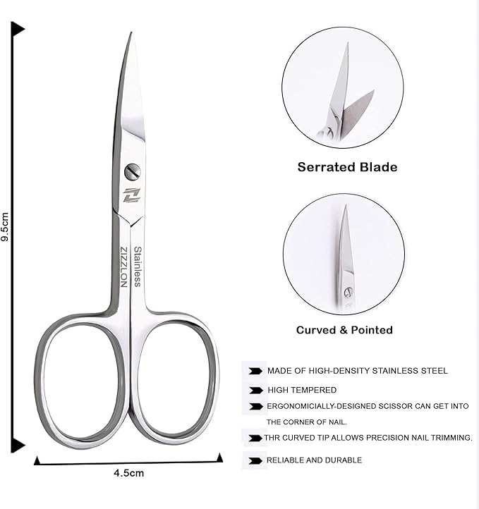 Nail Scissors Curved Micro Serrated Stainless Steel Eyebrow Scissors for Eyelash, Mustache, Beard, Nose Hair – Pedicure, Manicure Scissors for Men and Women