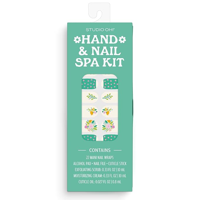 Studio Oh! Hand & Nail Spa Kit, Mini Nail Kit with 22 Nail Wraps, Exfoliating Scrub, Moisturizing Cream, Cuticle Oil & Tools, Girls Spa Kit, Travel Manicure Kit for Women & Girls (Floral Rush Design)