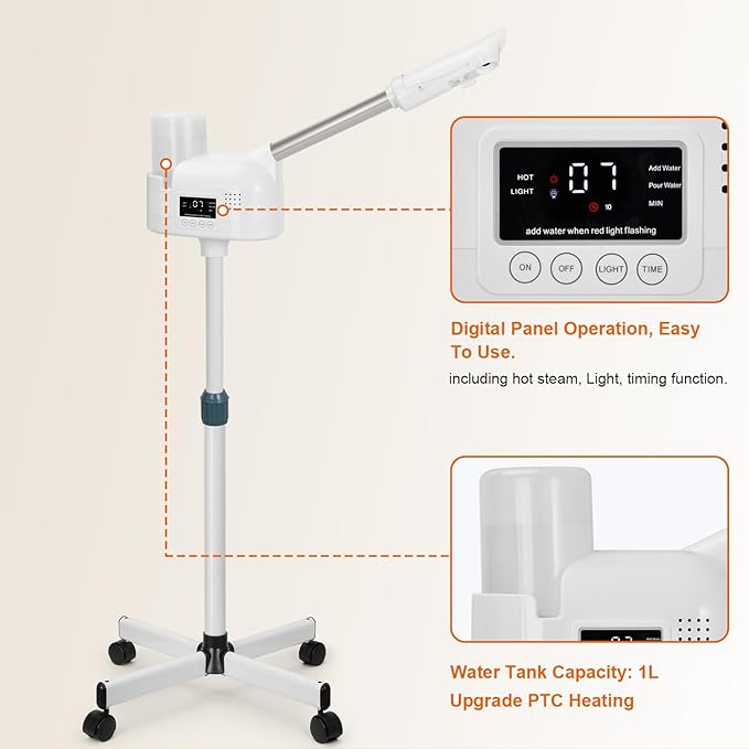 Professional Facial Steamer, Face Steamer Upgrade PTC Heating, Esthetician Steamer Hot Mist Facial Steamer for Salon Spa Beauty (White)