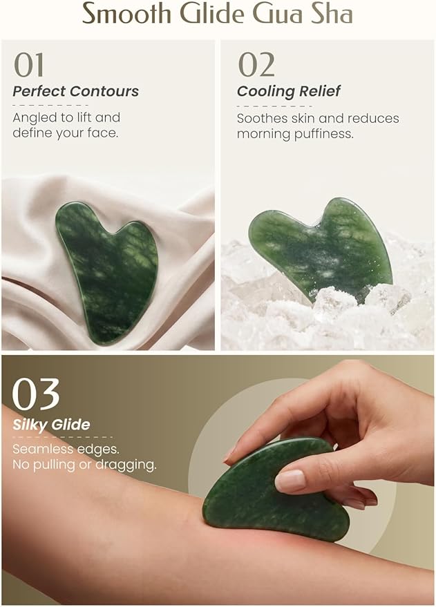 Gua Sha Facial Tool – Jade Guasha Tool for Face & Neck – Face Massager Tool for Lymphatic Drainage, Puffiness Reduction & Jawline Sculpting (Green)