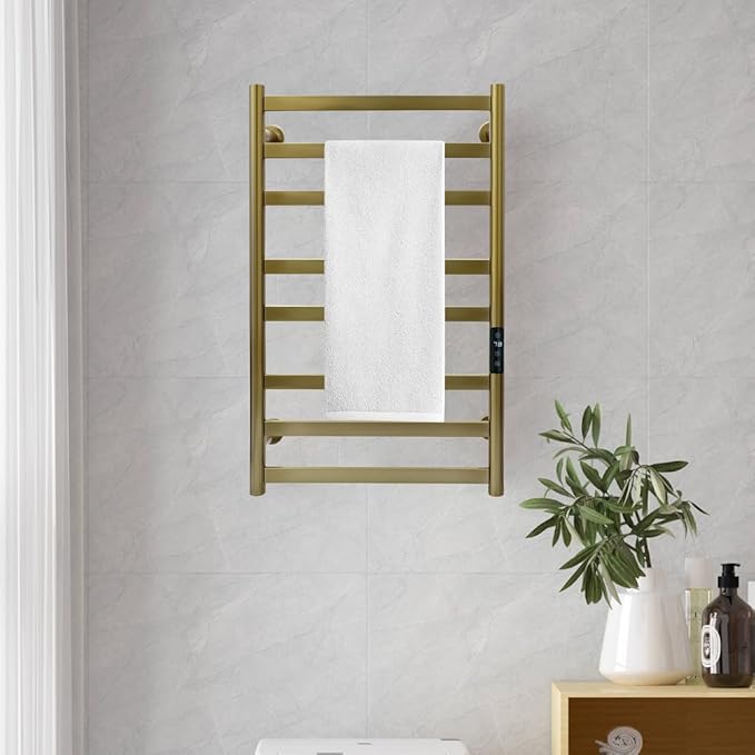 Towel Warmer Rack, Brushed Heated Towel Rack for Bathroom, Wall Mounted Electric Towel Dryer Rack with Temperature Control and 1-8 Timer, Plug-in/Hardwired