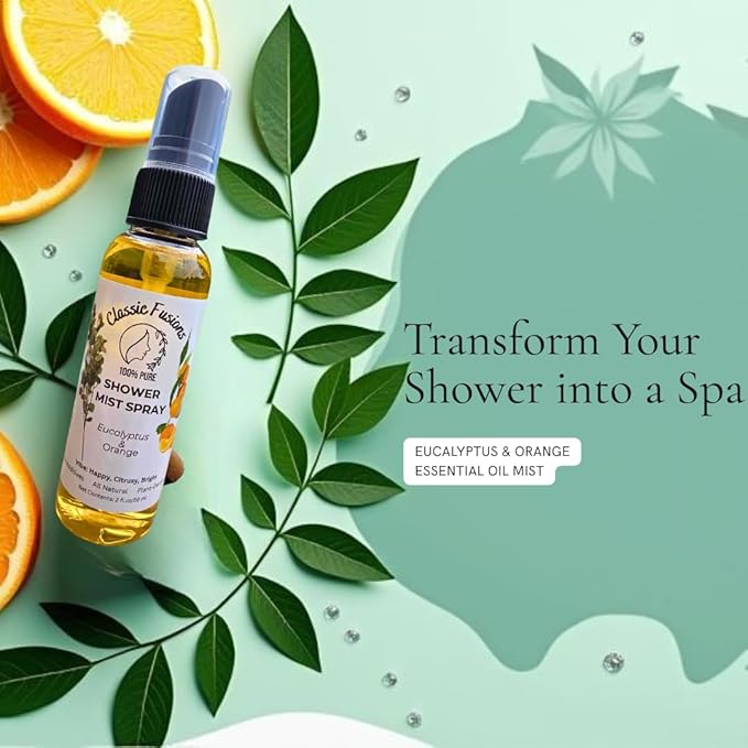 100% Pure Eucalyptus and Orange Oil Shower Spray- 2oz Natural Mist for Refreshing Scent. Citrusy & Energizing- Perfect for Shower, Steam Room, Linen & Room Freshener