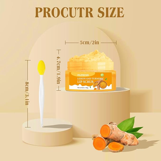 Turmeric Lemon Lip Scrub with Brush, Lip Scrubber Exfoliator for Dark Lips, Dry, Chapped Lips, Reduce Fine Lines, Natural Nourish Sugar Lip Scrub with Aloe Vera, Deep Hydration Moisturization 100g