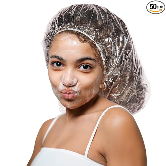 Shower Cap 50 Pcs Disposable Plastic Bath Cap Waterproof Spa Shower Cap XLarge Bathing Hair Caps for Women,Travel,Home Use,Hair Salon