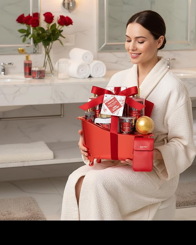 Mother gifts Spa Gift Set For Women, Birthday Gifts for Her, Spa Gift Basket for Women, Red Rose Bath and Body in Floral Scents Bath Kits, Home Spa Gift Basket, Bath Spa Kit for Mothers day Lotion