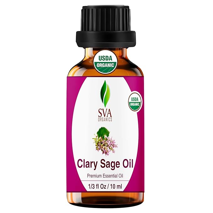 SVA Clary Sage Essential Oil Organic – 1/3 Fl Oz – 100% Natural Organic Clary Sage Oil - for Diffuser, Hair Care, Face, Skin Care, Aromatherapy, Scalp and Body Massage, Soap and Candle Making