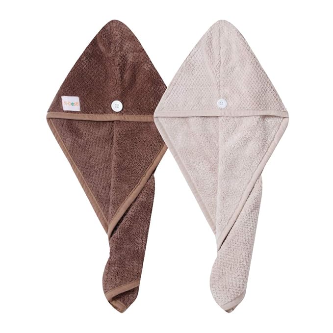 M-bestl 2 Pack Hair Drying Towels,Hair Wrap Towels,Absorbent Microfiber Hair Towel Turban with Button Design to Dry Hair More Quicker（Khaki&Coffee）