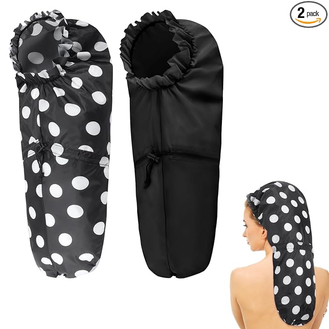 2 Pcs Large Shower Cap for Braids, Extra Long Shower Cap for Women Long Hair & Locs, Waterproof Hair Bonnets for Dreadlocks Drawstring Bath Caps for Women & Men (Polka Dots, Black)