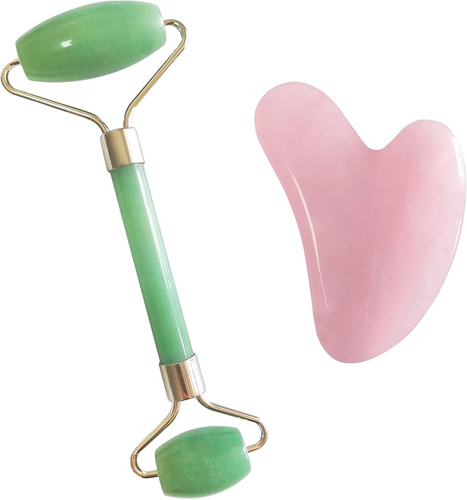 Rose Quartz Gua Sha and Jade Roller Set – Guasha Face Massage Tool Lymphatic Drainage Massager, Face Sculpting Tool for Facial Lifting & Tightening, Anti-Wrinkles, Anti-Aging & Skin Rejuvenation