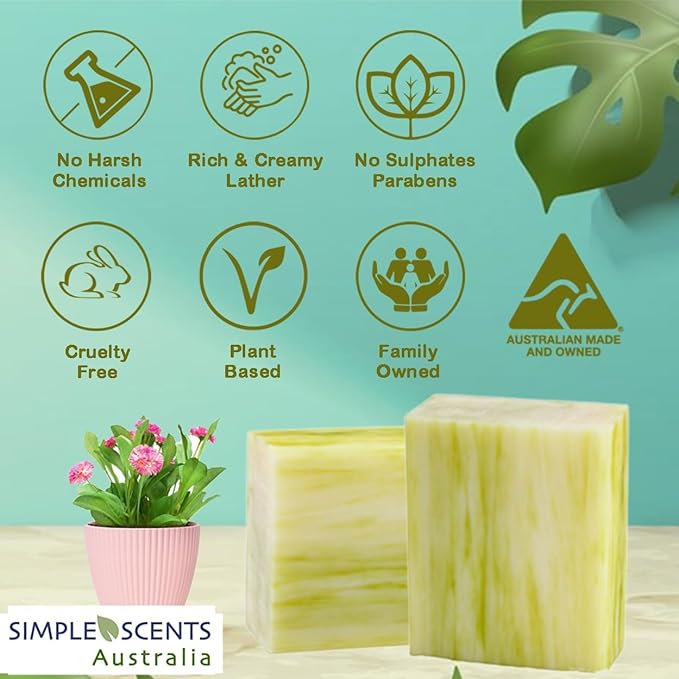 Simple Scents Australia Lemongrass Scented Natural Soap Bars (5 Bars), 3.5oz Moisturizing French Triple Milled Soap Bars Enriched with Shea Butter - Pure Plant Oil Bath & Body