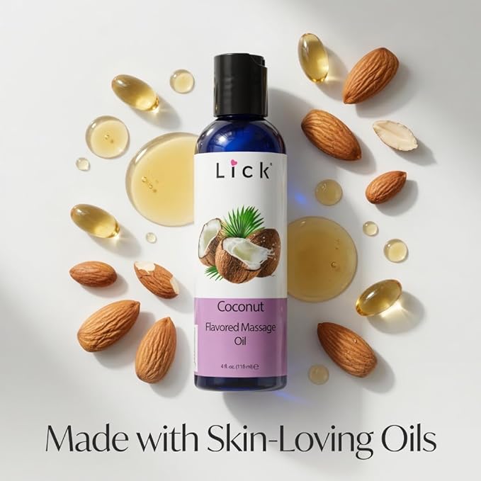 Lick Coconut Flavored Massage Oil – Tropical Edible Massage Oil with Sweet Almond Oil & Vitamin E, Hydrating Body-Safe Formula for Relaxing Couples Massage, 4 oz