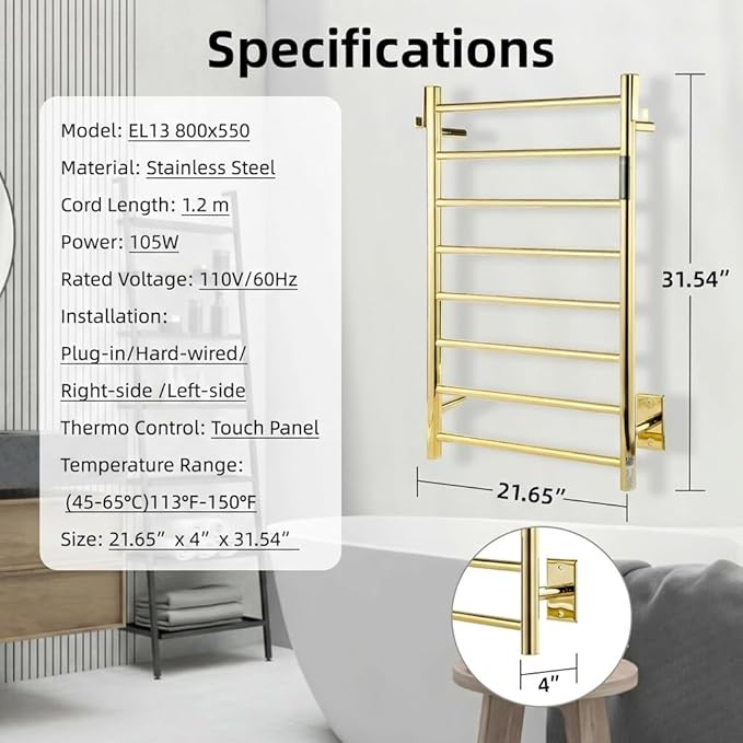 P&Dlusir Towel Warmer, Heated Towel Rack with Smart Timer and Thermo Control, Wall-Mounted Heated Towel Rail, Stainless Steel, Hard-Wired/Plug-in, Polished Gold, 8 bar