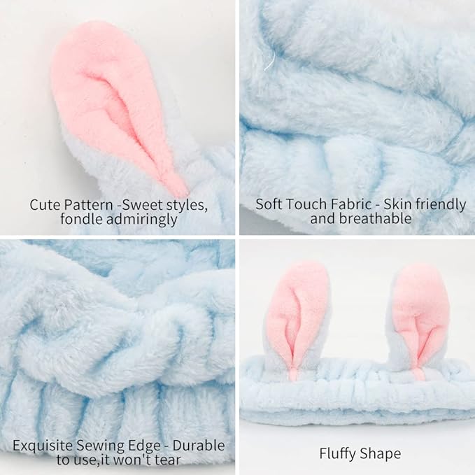 AHONEY Bunny Ears Headband, 4Pcs Skin Care Headbadns Fuzzy Headband for Washing Face Kawaii Makeup Cute Headbands Coral Fleece Elastic Hair Band Easter Bunnies Cosmetic