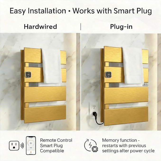 Electric Towel Warmer, Heated Towel Rack with Thermo Control and Timer, Fast Heating Towel Rail for Bathroom with Memroy Function, Work with Smart Plug, Left-Wiring, 4 Panel, Gold