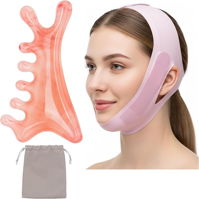 4 in 1 Gua Sha Facial Tool & V-Line Face Mask, Self Care Gifts for Women 2Pcs: Pink Massage Comb for Face Neck Body Eye & Lilac Chin Strap for Sleeping, Scalp Massager, V Line Lifting Mask Set