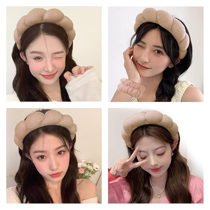 Spa Headbands for Washing Face Wristband Set Sponge Makeup Skincare Headband Wrist Towels Bubble Soft Terry Towel Cloth Hairband for Women Puffy Headwear Non Slip Thick Thin Hair Headwear (Coffee)