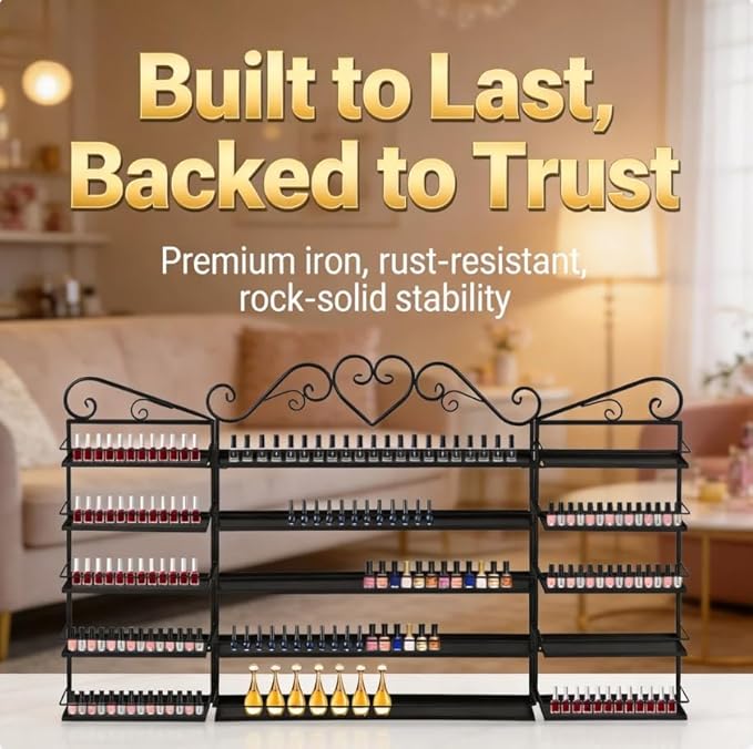 5 Tiers Wall-Mounted Nail Polish Storage Rack,Nail Polish Bottle Holder, 200 Bottles Organizer Shelf, with Lipstick Perfume Shelf for Home Spa Nail Salon Shop(Black)