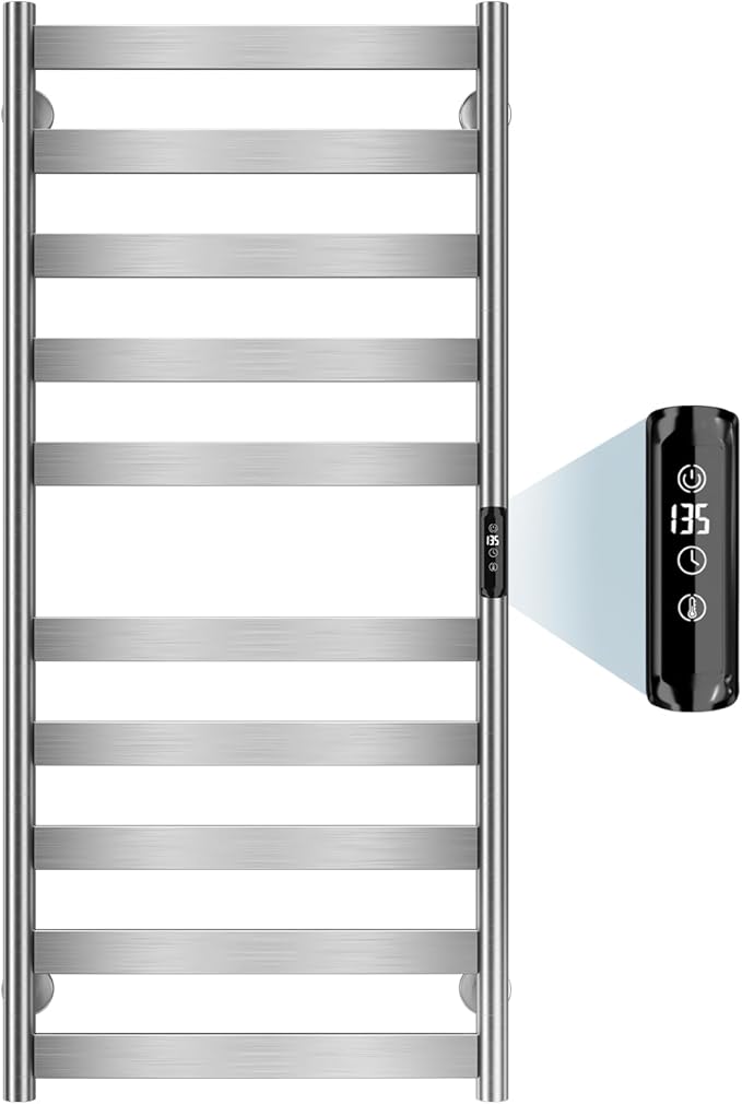 Electric Towel Warmer Rack, 10-Bar Stainless Steel Heated Tower Rack with Built-in Timer, Wall Mounted, Plug-in/Hardwired (Silver)
