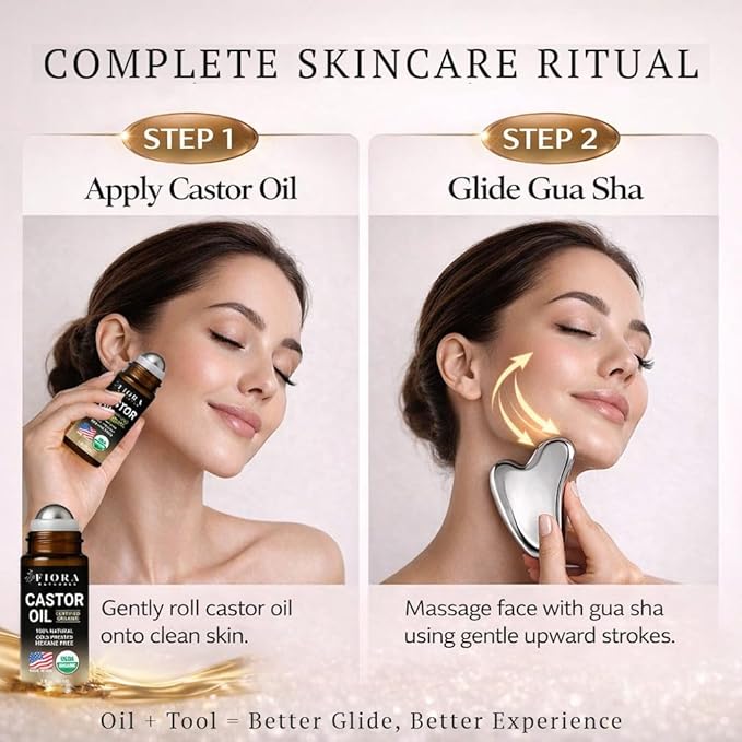 Organic Castor Oil Roll On & Stainless Steel Gua Sha Facial Tool – Metal Face Sculpting Tool, Cooling Gua Sha Oil Massage Set, Jawline Lift, Puffiness Care, Facial Oil Roller for Skin Routine