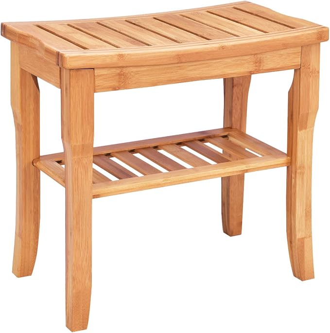 Giantex Bamboo Shower Bench Seat with Storage Shelf, Shower Spa Chair Seat Bench Organizer Stool for Indoor or Outdoor