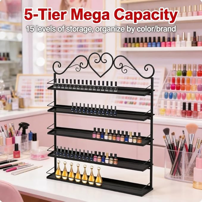 5 Tiers Wall-Mounted Nail Polish Storage Rack,Nail Polish Bottle Holder, 200 Bottles Organizer Shelf, with Lipstick Perfume Shelf for Home Spa Nail Salon Shop(Black)