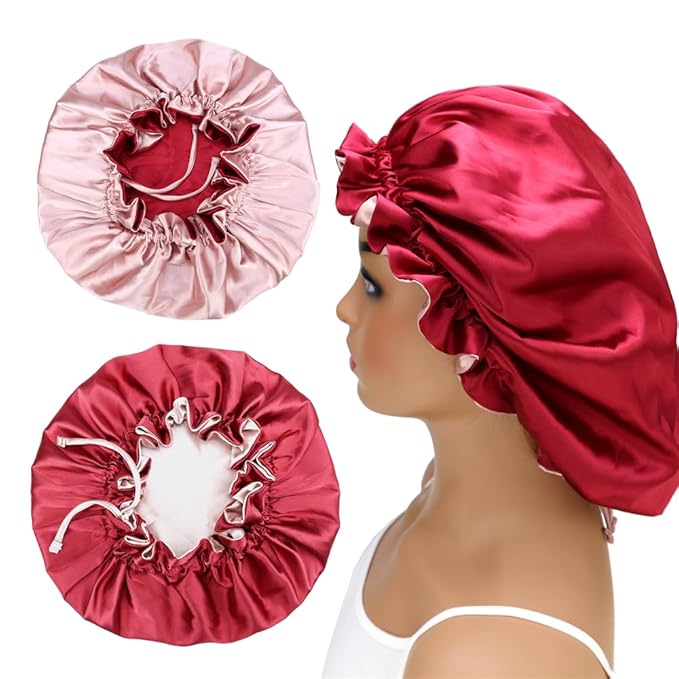 Adjustable Silk Satin Bonnet Hair Care Caps for Women Girls Loose-fitting Reversible Sleeping Cap Shower Caps Hair Wrap Bonnets (001 Wine/Blush)