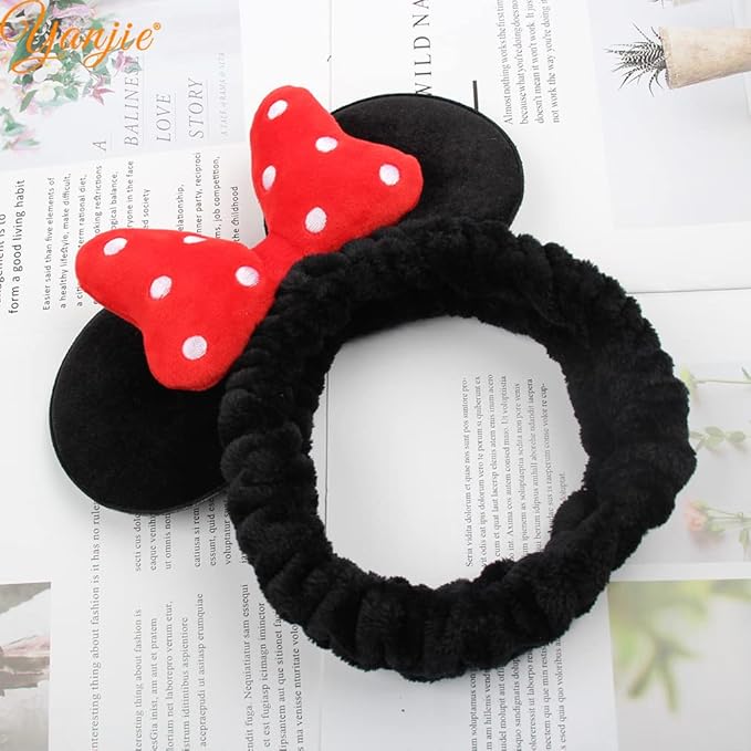 JIAHANG Mouse Ears Facial Spa Headbands, Coral Fleece Wash Face Hair Band, Velvet Bow Shower Hair Band for Girls Women Make up Hair Accessories