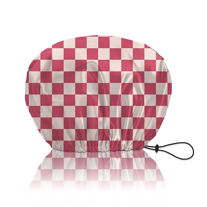 Shower Cap Reusable Double Layer Adjustable Elastic Waterproof EVA Hair Bath Caps for Women Girls Cute Aesthetic-Pink Checkered