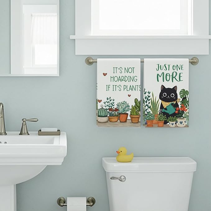 Accnicc 2 Pack Black Cat Bathroom Hand Towels Decorative Potted Plants Dish Kitchen Towel 16x27 Inch Cute Botanical Cactus Absorbent Soft Microfiber Bath Towels Hotel Spa Decor
