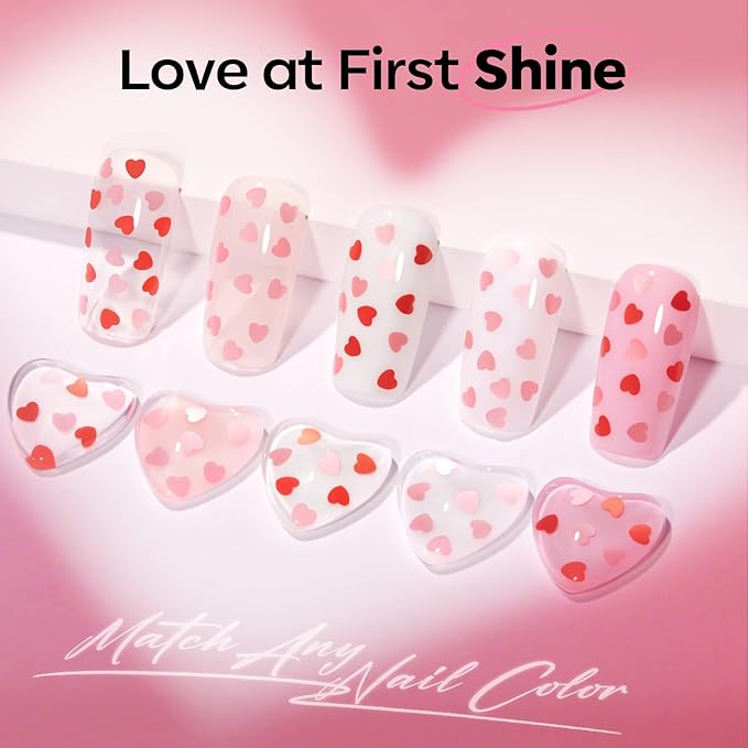 modelones Heart Glitter Gel Top Coat, 15 ML 2 in One No Wipe Clear Gel Nail Polish Red Pink Color Reflective Hearts Sequins Glossy Shine Long Lasting Soak Off Manicure Gift for Women