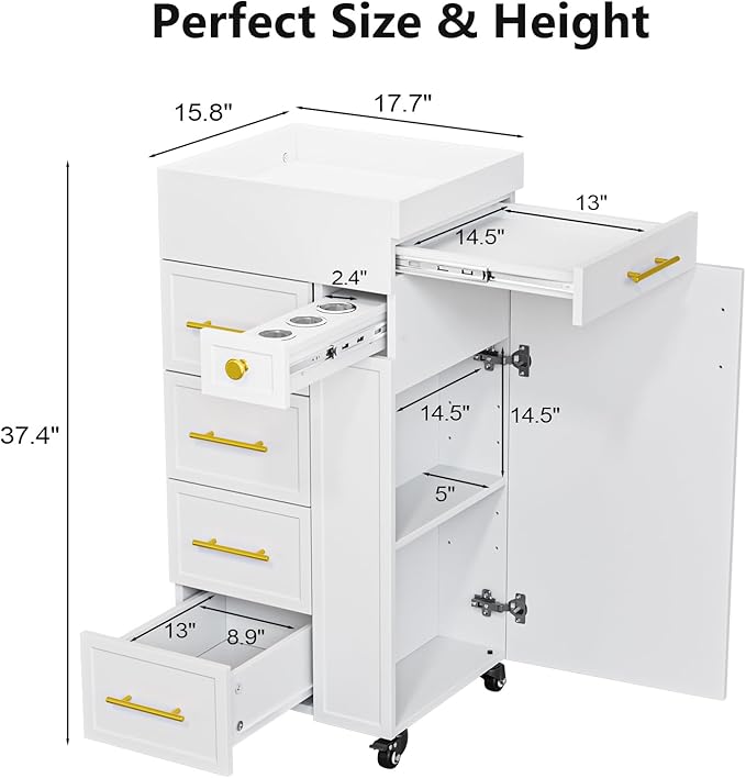 OmySalon Salon Trolley Cart, Hair Styling Station with 5 Drawers, 3 Tool Holders & Adjustable Shelf, Mobile Storage Cabinet Utility Trolley for Barber, Beauty Spa, Home (White)