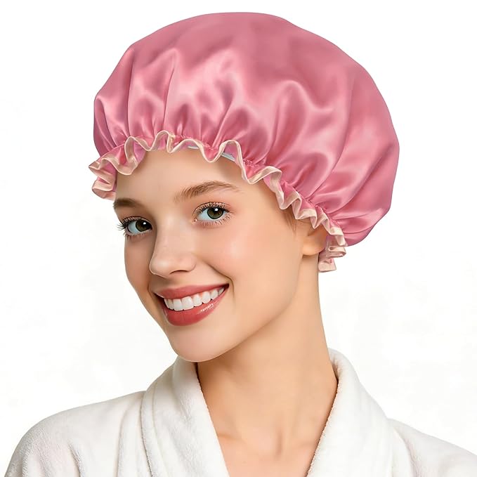 Waterproof Shower Caps for Women, Solid Color Dual-Layer Elastic Band Design Bath Hair Hat, Protects Hair In Shower, Spa, Cooking, Clean & Travel (Deep Pink)