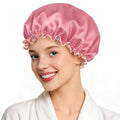 Waterproof Shower Caps for Women, Solid Color Dual-Layer Elastic Band Design Bath Hair Hat, Protects Hair In Shower, Spa, Cooking, Clean & Travel (Deep Pink)