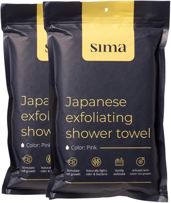 Sima Brand Exfoliating Washcloth Face & Body Scrub Towel - Japanese Exfoliating Towel with Hexagon Fibers, Body Scrubber with 2 Sides for Scrubbing & Washing, Extra Long Towels (White, 2 Pack)
