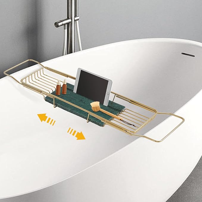 Stainless Steel Bathtub Tray, Expandable Marble Bath Tray for Tub, 44.09 lbs Capacity Bath Caddy for Bathtub Bathroom Accessories for Home Spa (Gold + Green)