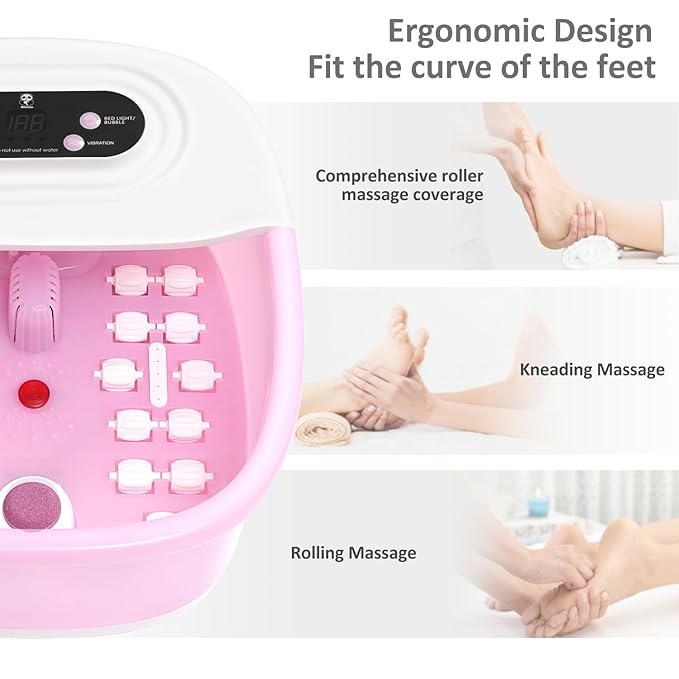 Foot Spa Bath Massager with Heat Bubbles and Vibration Massage and Jets, 16 OZ Calming Lavender Foot Soak Epsom Salt, Miwhale Foot Soaker with Red Light, 22 Massage Rollers, Adjustable Temp - Pink