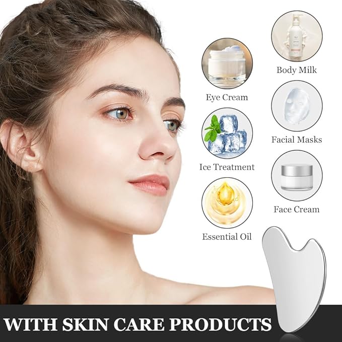 URAQT Stainless Steel Gua Sha Facial Tools Guasha Tools for Face Skin Care Body Gua Sha Tools Tighten Skin Massage Tools for Puffiness Reducing & Jawline Sculpting Face Stone Gua Sha Tools (Silver)